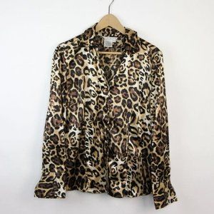 Vintage Cheetah Leopard Print Long Sleeve Silky Button Down Blouse Size Large